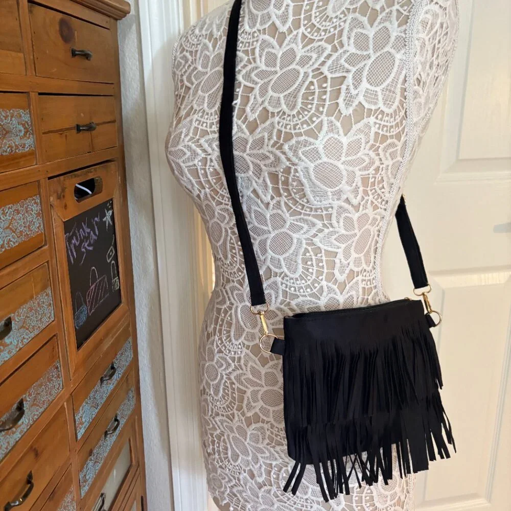 Fringe/ Two Tiered Tassel Shoulder/ Crossbody Bag/ Purse - Black - 70's - NWT